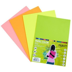Pack 100 Hojas A4 papel 80 gr. Surtido Colores Fluor