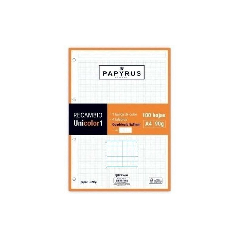 RECAMBIO A4 UNI-1 PAPYRUS 100 Hj. 90 gr 5x5 NARANJA