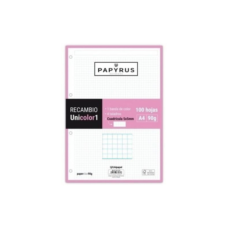 RECAMBIO A4 UNI-1 PAPYRUS 100 Hj. 90 gr 5x5 ROSA