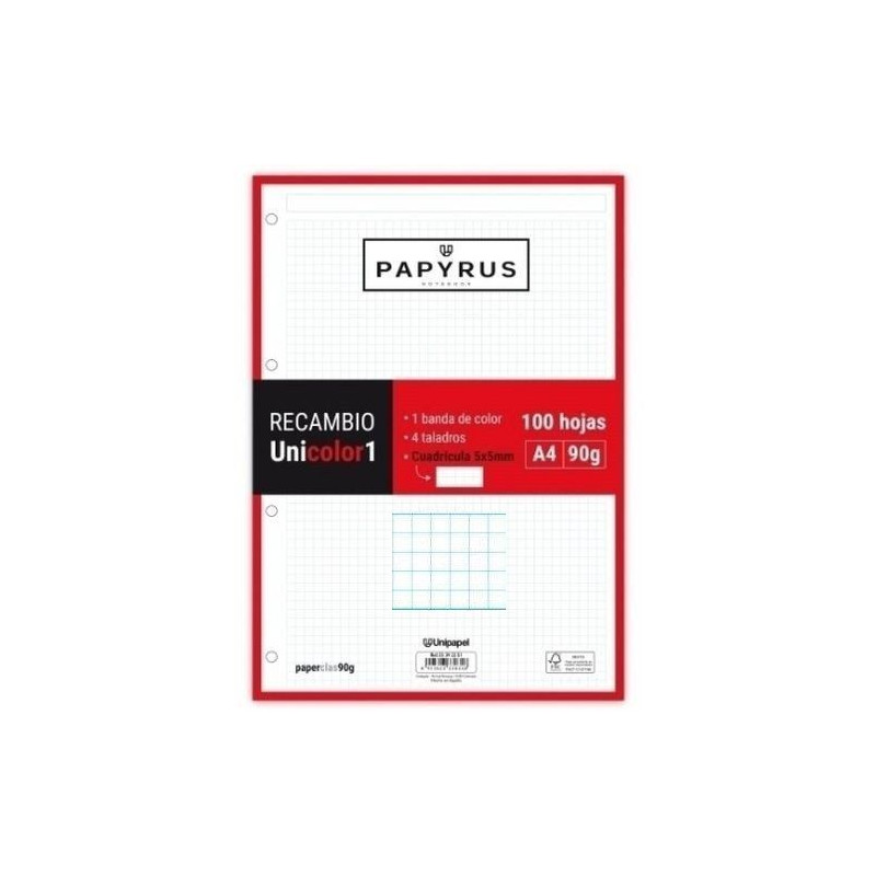 RECAMBIO A4 UNI-1 PAPYRUS 100 Hj. 90 gr 5x5 ROJO