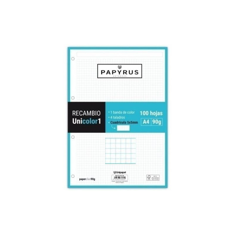 RECAMBIO A4 UNI-1 PAPYRUS 100 Hj. 90 gr 5x5 TURQUESA