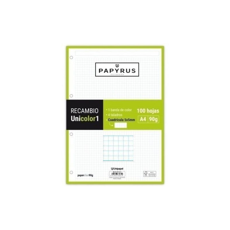 RECAMBIO A4 UNI-1 PAPYRUS 100 Hj. 90 gr 5x5 LIMA