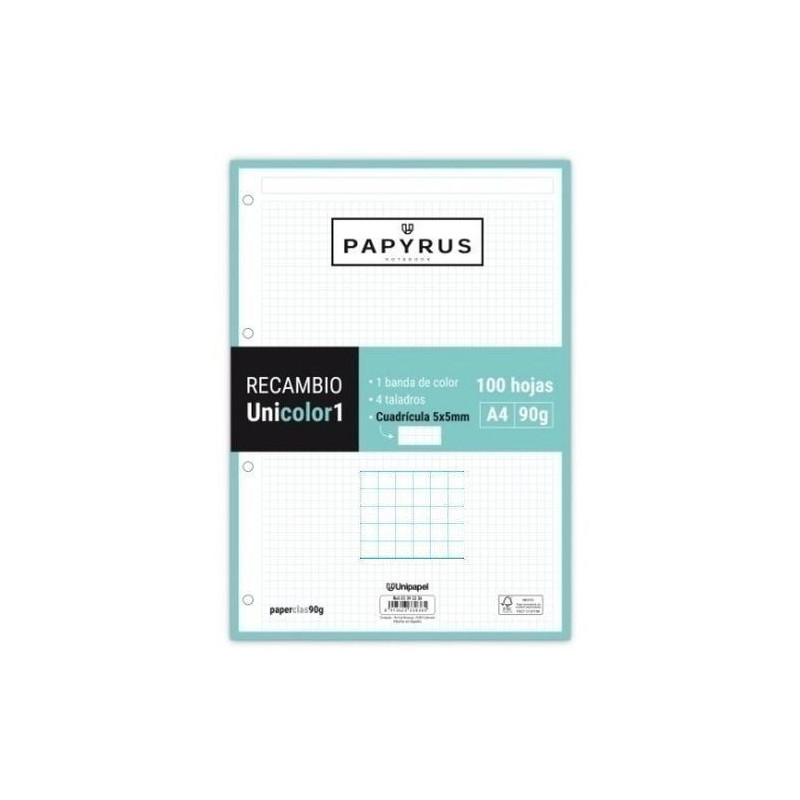 RECAMBIO A4 UNI-1 PAPYRUS 100 Hj. 90 gr 5x5 MENTA