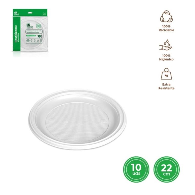 PLATOS DE PLASTICO MAXI 22cm 10 Un. (1003R) LLANO BLANCO