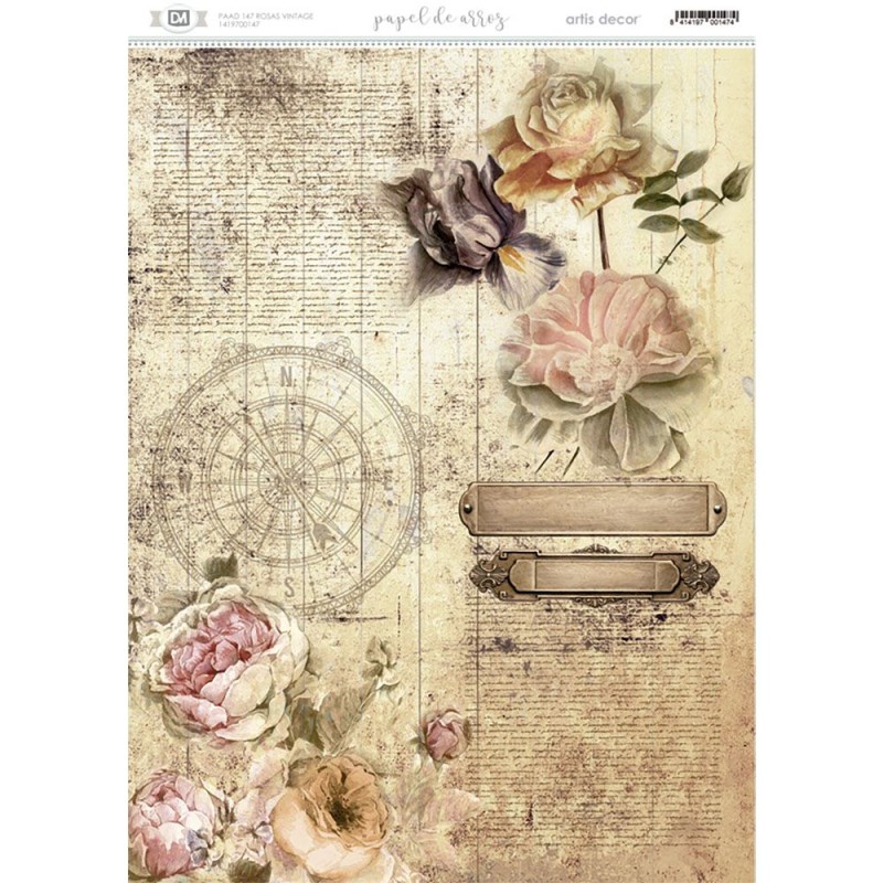 PAPEL DE ARROZ 42x29,7cm ARTIS DECOR 00147 ROSAS VINTAGE