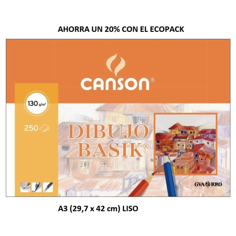 LAMINAS DIBUJO CANSON BASIK 130gr A3 ECOPACK 250 Hj. LISAS