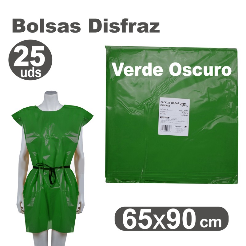 BOLSA DISFRAZ PLASTICO PACK 25 Un. 65x90cm VERDE OSCURO