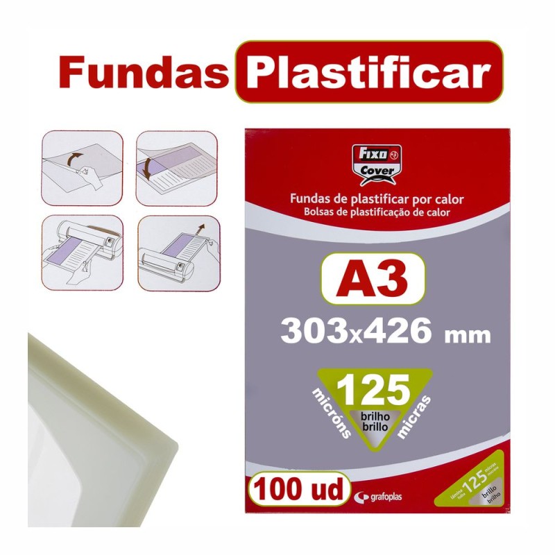 FUNDAS PLASTIFICAR FIXO A3 (303x426mm) 80 MICRAS 100 Un. BRILLO